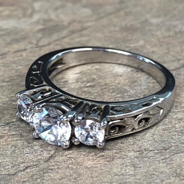 14K White Gold 3 Stone Vintage Engagement Ring